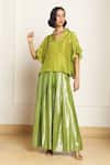 Buy_Kanelle_Green Top Upada Silk Solid V Bumi Drop Shoulder With Flared Pant _at_Aza_Fashions