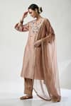 Buy_5cross Ajit Kumar_Rose Gold Kurta Chanderi Embroidered Dori V-neck Floral Blossom Pant Set _at_Aza_Fashions