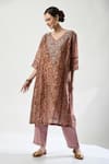 Buy_5cross Ajit Kumar_Brown Kurta Chanderi Printed Floral V-neck Pant Set _Online_at_Aza_Fashions