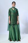 Buy_5cross Ajit Kumar_Green Tissue Chanderi Kurta Hand Embroidery Floral V Ditsy Short Sharara Set _at_Aza_Fashions