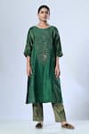 5cross Ajit Kumar_Green Chanderi Kurta Embroidery Dori Round Neck Pant Set _Online_at_Aza_Fashions