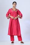 5cross Ajit Kumar_Pink Cotton Silk Kurta Print Butti V Neck Front Gathered Block Pant Set _Online_at_Aza_Fashions