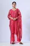 Buy_5cross Ajit Kumar_Pink Chanderi Kurta Print Butti Paan Neck Dori Embroidered And Set _at_Aza_Fashions