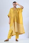 Buy_5cross Ajit Kumar_Yellow Viscose Tissue Kaftan Placement Embroidery Beads Butti Print With Pant _at_Aza_Fashions