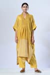 5cross Ajit Kumar_Yellow Viscose Tissue Kaftan Placement Embroidery Beads Butti Print With Pant _Online_at_Aza_Fashions