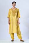 5cross Ajit Kumar_Yellow Chanderi Kurta Print Butti Paan Neck Tonal Embroidered Set _Online_at_Aza_Fashions