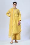 Buy_5cross Ajit Kumar_Yellow Chanderi Kurta Embroidery Flower Vine Round Neck Palazzo Set _at_Aza_Fashions