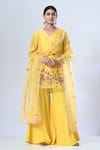 Buy_5cross Ajit Kumar_Yellow Chanderi Kurta Embroidery Flower Vine V Neck Placement Sharara Set _at_Aza_Fashions