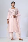 Buy_5cross Ajit Kumar_Pink Chanderi Kurta Embroidery Flower Vine Round Neck Pant Set _at_Aza_Fashions