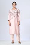 5cross Ajit Kumar_Pink Chanderi Kurta Embroidery Flower Vine Round Neck Pant Set _Online_at_Aza_Fashions