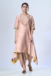 Buy_5cross Ajit Kumar_Pink Chanderi Kurta Embroidery Flower Vine Round Neck Floral Dhoti Pant Set _Online_at_Aza_Fashions