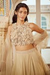 Shop_Nikita Vishakha_Beige Blouse Raw Silk Embroidery Big Flower Halter Neck Applique Lehenga Set _Online_at_Aza_Fashions