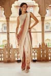 Buy_Nikita Vishakha_White Blouse Raw Silk Embroidery Scallop Texture With Pre-draped Saree _at_Aza_Fashions