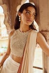 Nikita Vishakha_White Blouse Raw Silk Embroidery Scallop Texture With Pre-draped Saree _Online_at_Aza_Fashions