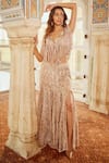 Buy_Nikita Vishakha_Beige Georgette Print Pearls Top V-neck Fringe Embroidered And Skirt Set _at_Aza_Fashions