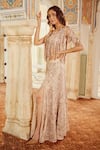 Buy_Nikita Vishakha_Beige Georgette Print Pearls Top V-neck Fringe Embroidered And Skirt Set 