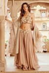 Nikita Vishakha_Brown Blouse Raw Silk Embroidery Floral V-neck Asymmetric Lehenga Set _Online_at_Aza_Fashions