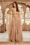 Buy_Nikita Vishakha_Brown Blouse Raw Silk Embroidery Floral V-neck Beads Asymmetric Lehenga Set _at_Aza_Fashions