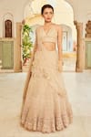 Nikita Vishakha_Brown Blouse Raw Silk Embroidery Floral Halter Neck Scallop Mesh Lehenga Set _Online_at_Aza_Fashions