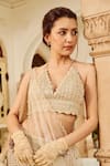 Nikita Vishakha_Brown Blouse Raw Silk Embroidery Floral Halter Neck Scallop Mesh Lehenga Set _at_Aza_Fashions