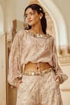 Nikita Vishakha_Beige Butter Crepe Embroidery Floral Round Paisley Print Crop Top And Flared Pant _Online_at_Aza_Fashions