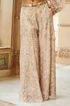 Nikita Vishakha_Beige Butter Crepe Embroidery Floral Round Paisley Print Crop Top And Flared Pant _at_Aza_Fashions