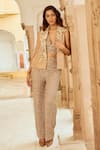 Buy_Nikita Vishakha_Brown Silk Organza Embroidery Floral Balzer Lapel Stones Blazer And Pant Set _at_Aza_Fashions