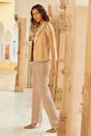 Shop_Nikita Vishakha_Brown Silk Organza Embroidery Floral Balzer Lapel Stones Blazer And Pant Set _at_Aza_Fashions