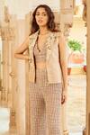 Nikita Vishakha_Brown Silk Organza Embroidery Floral Balzer Lapel Stones Blazer And Pant Set _Online_at_Aza_Fashions