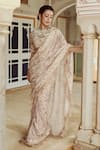 Buy_Nikita Vishakha_Brown Silk Organza Embroidery Paisley Print Scallop Edged Saree With Blouse _at_Aza_Fashions