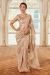 Buy_Nikita Vishakha_Brown Silk Organza Embroidery Paisley Print Ruffle Edged Saree With Blouse _at_Aza_Fashions