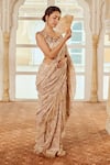 Shop_Nikita Vishakha_Brown Silk Organza Embroidery Paisley Print Ruffle Edged Saree With Blouse _at_Aza_Fashions