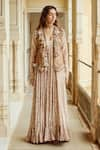 Nikita Vishakha_Brown Silk Organza Print Paisley Gown V-neck Embroidered Scallop Jacket With _Online_at_Aza_Fashions