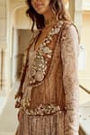 Nikita Vishakha_Brown Silk Organza Print Paisley Gown V-neck Embroidered Scallop Jacket With _at_Aza_Fashions