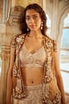 Shop_Nikita Vishakha_Brown Butter Crepe Print Paisley Embroidered Scallop Jacket And Lehenga Set _Online_at_Aza_Fashions