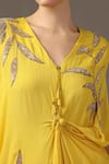 Buy_Two Sisters By Gyans_Yellow Silk Embroidery Sequin V Neck Leaf Placement Draped Dress _Online_at_Aza_Fashions