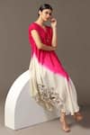 Shop_Two Sisters By Gyans_Pink Silk Embroidery Dori V Neck Placement Layered Dress 