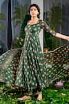 Shop_Baise Gaba_Green Georgette Print Carnation Bloom Sweetheart Neck Anshika Anarkali Set 