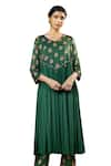 Shop_Baise Gaba_Green Georgette Print Glory Bloom V Neck Revathi Gathered Kurta Set 