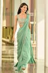 Buy_Chamee and Palak_Green Georgette Embroidered Sequin Square Nina Pre-draped Saree With Blouse _at_Aza_Fashions