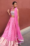 Buy_Chamee and Palak_Pink Jamewar Embroidered Zardozi Square Rumi Chevron Ruched Lehenga Set 