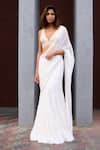 Chamee and Palak_Ivory Georgette Embroidered Pearls V-neck Anitya Pre-draped Saree Set _at_Aza_Fashions