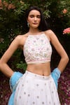 Buy_Chamee and Palak_Ivory Jamewar Embroidered Thread Halter Anaisa Floral Woven Gusset Lehenga Set _Online_at_Aza_Fashions