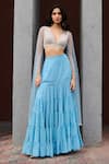 Buy_Chamee and Palak_Blue Georgette Embroidered Beads Plunge-v Abha Fit And Flare Tiered Lehenga Set _at_Aza_Fashions