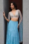 Buy_Chamee and Palak_Blue Georgette Embroidered Beads Plunge-v Abha Fit And Flare Tiered Lehenga Set 