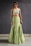 Shop_Chamee and Palak_Green Georgette Embroidered Sequin Halter Jasmine Gusset Lehenga Set _Online_at_Aza_Fashions