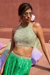 Buy_Chamee and Palak_Green Jamewar Embellished Floral Halter Mila Blouse With Palazzo _Online_at_Aza_Fashions