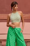 Shop_Chamee and Palak_Green Jamewar Embellished Floral Halter Mila Blouse With Palazzo _at_Aza_Fashions