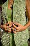 Chamee and Palak_Green Organza Embellished Pearl Bustier Plunge Nora Jacket With Pant Set _at_Aza_Fashions