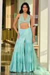 Buy_Chamee and Palak_Green Georgette Embellished Glass Bead Halter Reva Blouse Sharara Set _at_Aza_Fashions